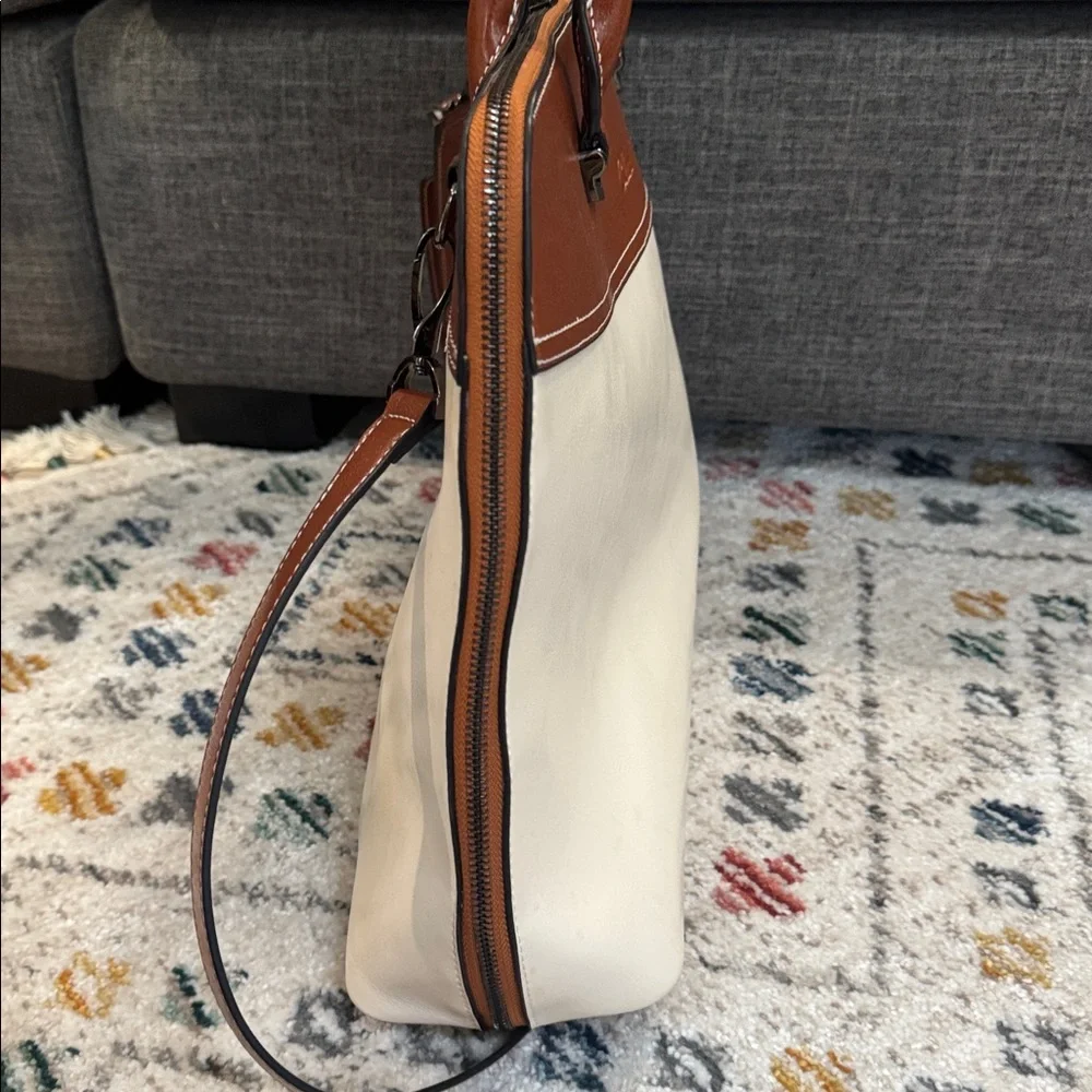 Cluci Leather Briefcase Tote Laptop Bag Brown Cream Work Satchel Structured